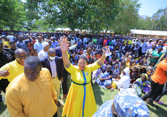 Speaker of Parliament Anita Among waves to NRM supporters in Bukedea on Saturday. 